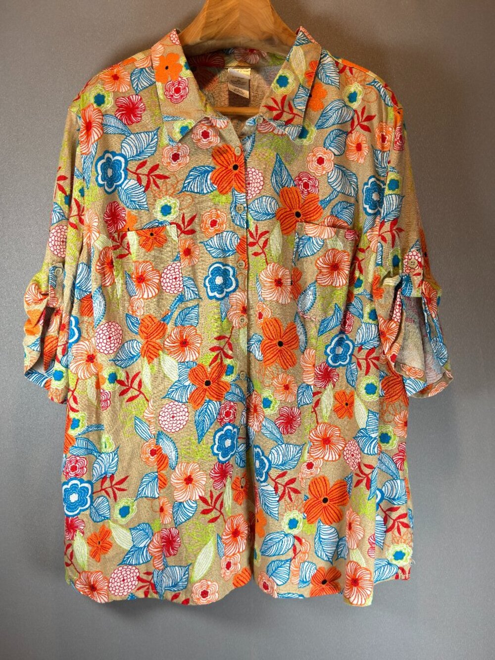 Just My Size 4X Linen Viscose Button Up Tunic Top Bright Floral Roll Tab Sleeve